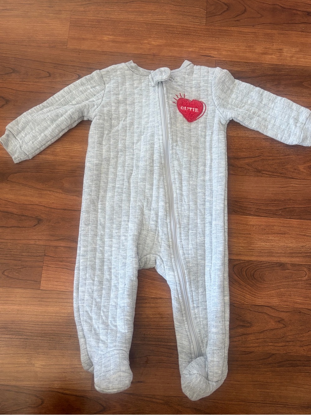 Cozy Gray Quilted Baby Footed One-Piece with Red Heart Patch